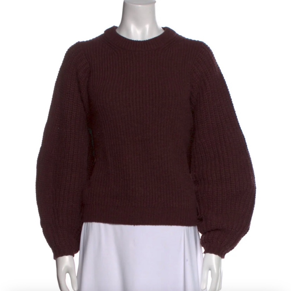 STAUD Aura Merlot Cropped Puff-Sleeve Crew Sweater
